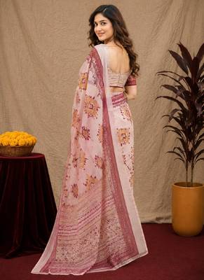 White lilen print work 1 minute ready to wear saree with unstitched blouse piece 4