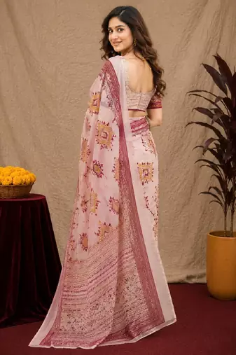 White lilen print work 1 minute ready to wear saree with unstitched blouse piece