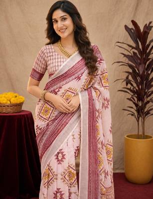White lilen print work 1 minute ready to wear saree with unstitched blouse piece 5