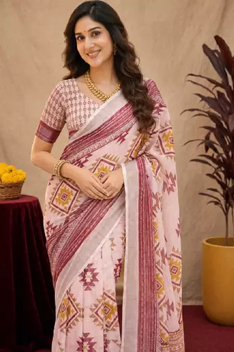 White lilen print work 1 minute ready to wear saree with unstitched blouse piece