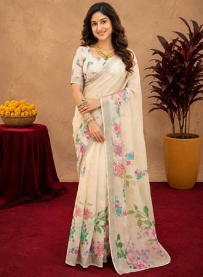 off white lilen print work 1 minute ready to wear saree with unstitched blouse piece 1
