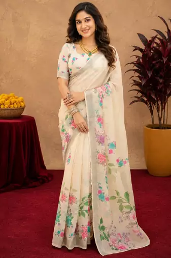 off white lilen print work 1 minute ready to wear saree with unstitched blouse piece