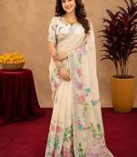 off white lilen print work 1 minute ready to wear saree with unstitched blouse piece