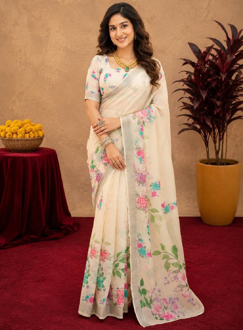 off white lilen print work 1 minute ready to wear saree with unstitched blouse piece