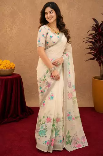 off white lilen print work 1 minute ready to wear saree with unstitched blouse piece
