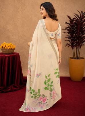 off white lilen print work 1 minute ready to wear saree with unstitched blouse piece 3