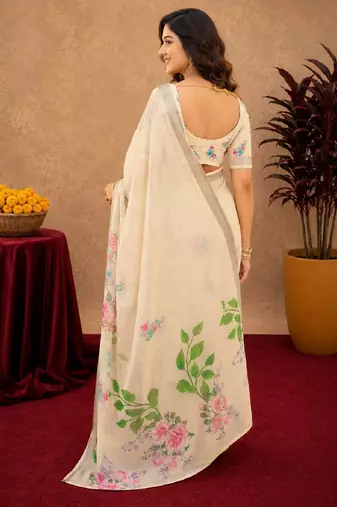 off white lilen print work 1 minute ready to wear saree with unstitched blouse piece
