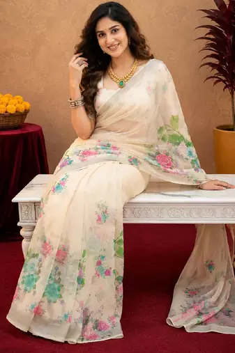 off white lilen print work 1 minute ready to wear saree with unstitched blouse piece