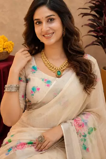 off white lilen print work 1 minute ready to wear saree with unstitched blouse piece