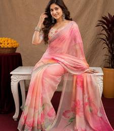 pink lilen print work 1 minute ready to wear saree with unstitched blouse piece