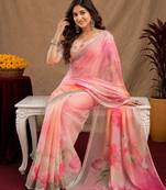 pink lilen print work 1 minute ready to wear saree with unstitched blouse piece