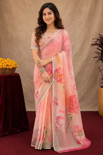 pink lilen print work 1 minute ready to wear saree with unstitched blouse piece