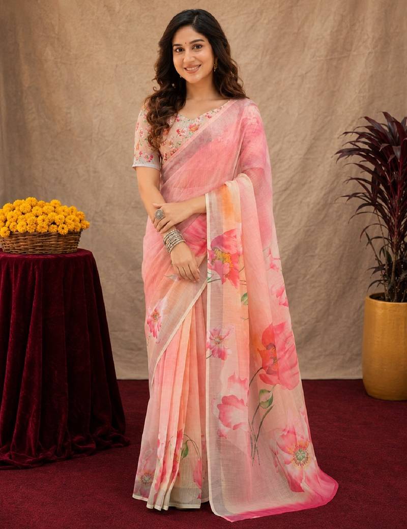 pink lilen print work 1 minute ready to wear saree with unstitched blouse piece