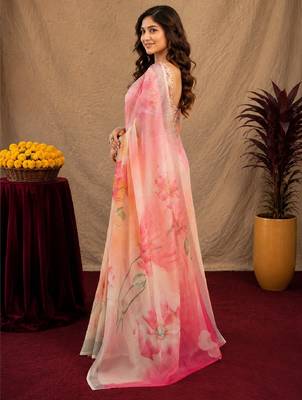 pink lilen print work 1 minute ready to wear saree with unstitched blouse piece 3