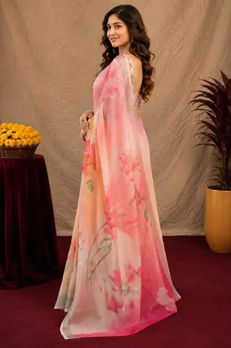 pink lilen print work 1 minute ready to wear saree with unstitched blouse piece