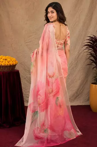 pink lilen print work 1 minute ready to wear saree with unstitched blouse piece