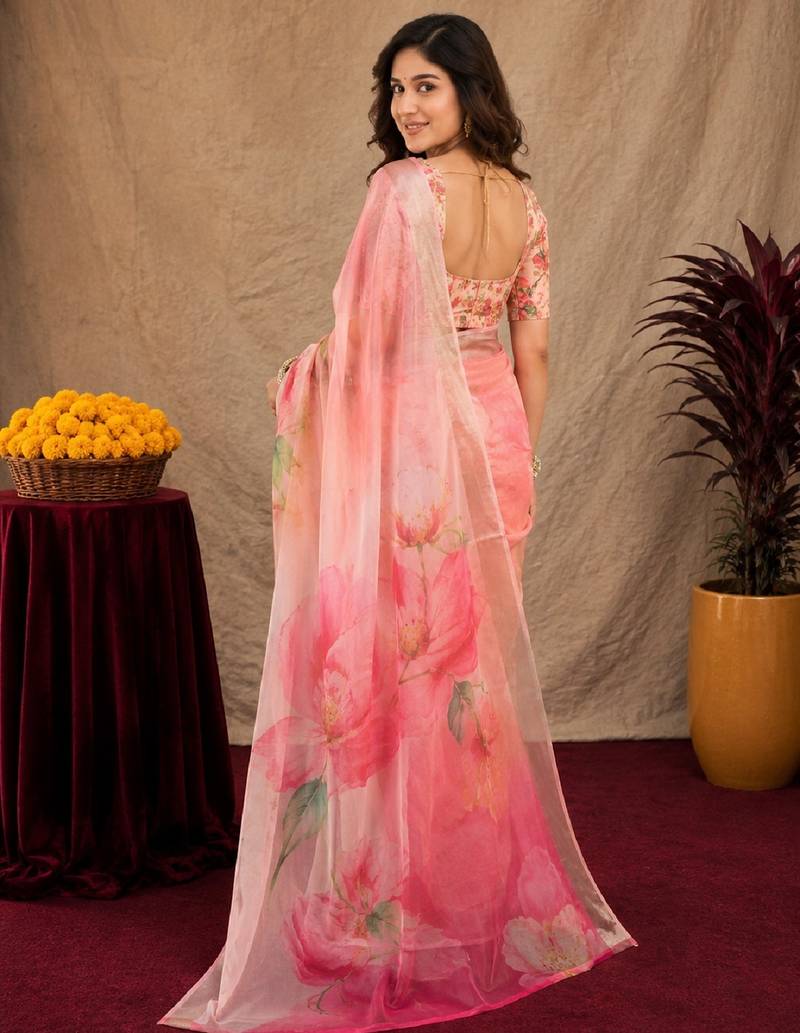 pink lilen print work 1 minute ready to wear saree with unstitched blouse piece