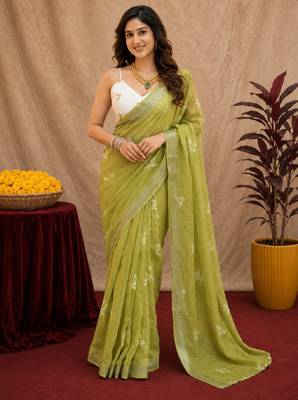 mehendi lilen print work 1 minute ready to wear saree with unstitched blouse piece 1