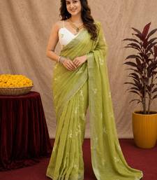 mehendi lilen print work 1 minute ready to wear saree with unstitched blouse piece