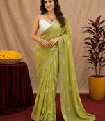 mehendi lilen print work 1 minute ready to wear saree with unstitched blouse piece