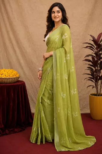 mehendi lilen print work 1 minute ready to wear saree with unstitched blouse piece