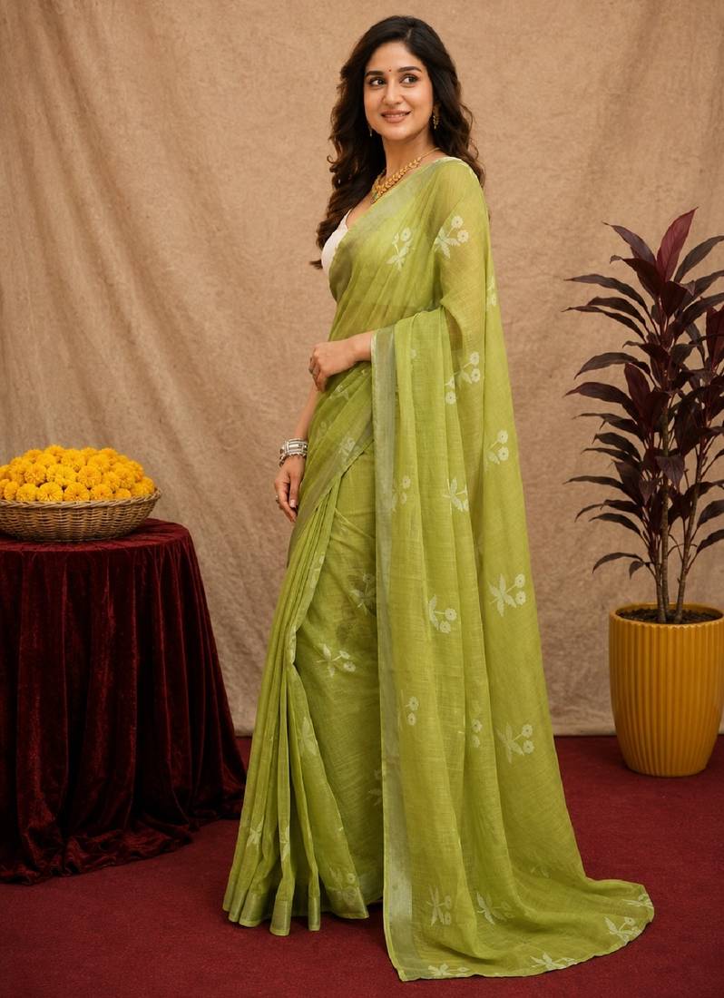 mehendi lilen print work 1 minute ready to wear saree with unstitched blouse piece