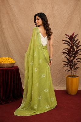 mehendi lilen print work 1 minute ready to wear saree with unstitched blouse piece 3