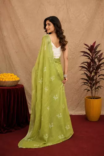 mehendi lilen print work 1 minute ready to wear saree with unstitched blouse piece