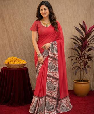red lilen print work 1 minute ready to wear saree with unstitched blouse piece 1