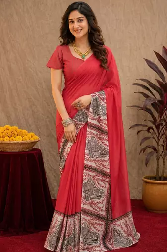 red lilen print work 1 minute ready to wear saree with unstitched blouse piece