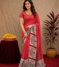 red lilen print work 1 minute ready to wear saree with unstitched blouse piece