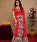 red lilen print work 1 minute ready to wear saree with unstitched blouse piece