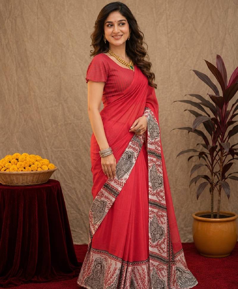 red lilen print work 1 minute ready to wear saree with unstitched blouse piece