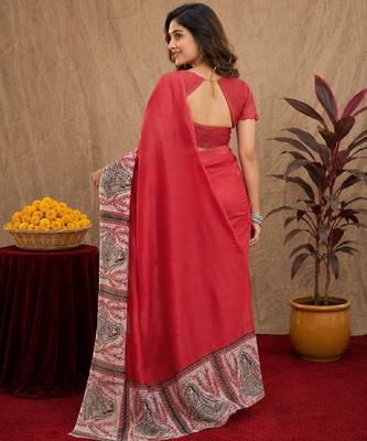 red lilen print work 1 minute ready to wear saree with unstitched blouse piece 3