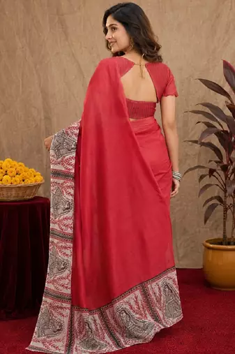 red lilen print work 1 minute ready to wear saree with unstitched blouse piece