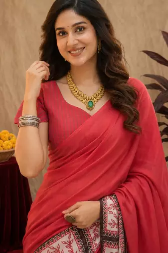 red lilen print work 1 minute ready to wear saree with unstitched blouse piece