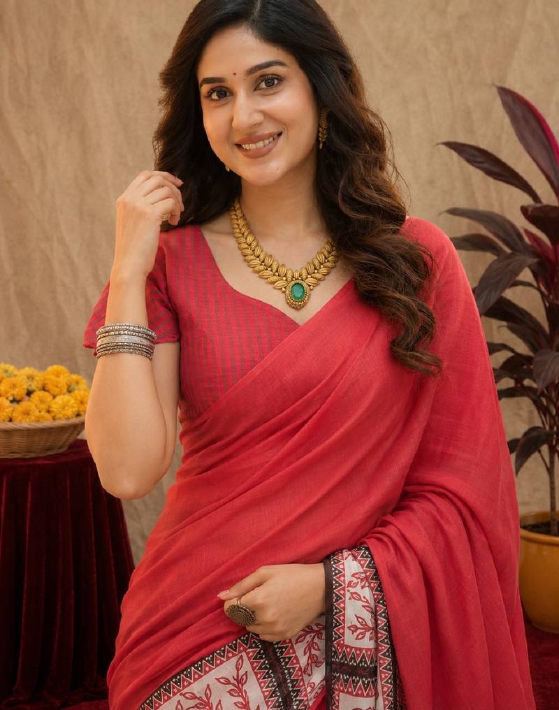 red lilen print work 1 minute ready to wear saree with unstitched blouse piece