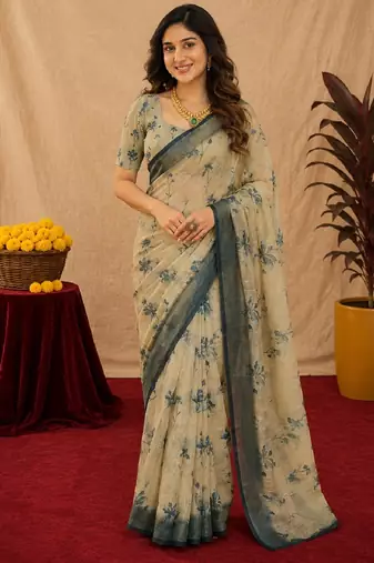off white lilen print work 1 minute ready to wear saree with unstitched blouse piece