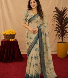 off white lilen print work 1 minute ready to wear saree with unstitched blouse piece