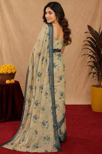 off white lilen print work 1 minute ready to wear saree with unstitched blouse piece