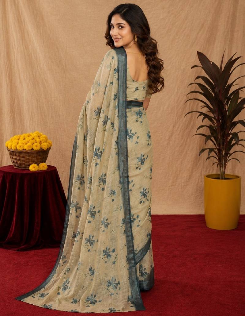 off white lilen print work 1 minute ready to wear saree with unstitched blouse piece