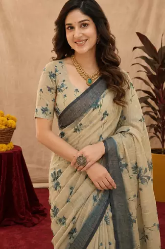 off white lilen print work 1 minute ready to wear saree with unstitched blouse piece