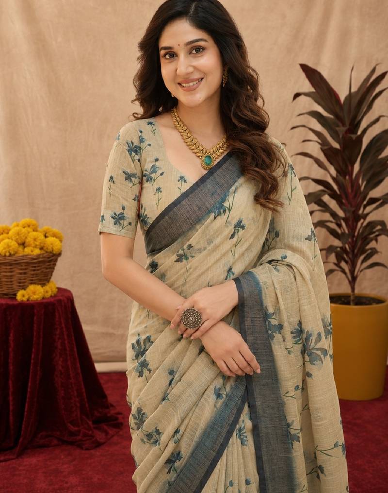 off white lilen print work 1 minute ready to wear saree with unstitched blouse piece
