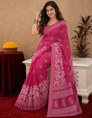 rani pink lilen print work 1 minute ready to wear saree with unstitched blouse piece 1