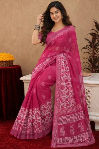 rani pink lilen print work 1 minute ready to wear saree with unstitched blouse piece