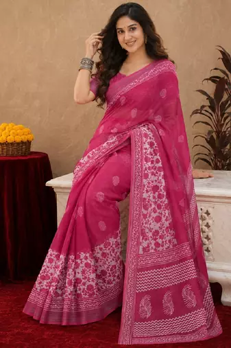 rani pink lilen print work 1 minute ready to wear saree with unstitched blouse piece