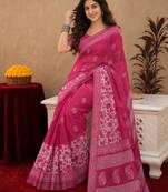 rani pink lilen print work 1 minute ready to wear saree with unstitched blouse piece