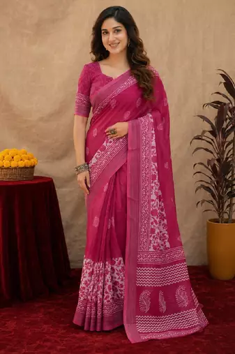 rani pink lilen print work 1 minute ready to wear saree with unstitched blouse piece