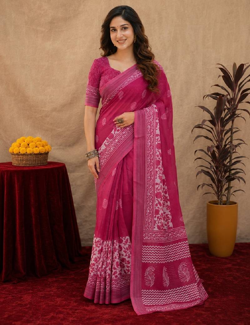 rani pink lilen print work 1 minute ready to wear saree with unstitched blouse piece