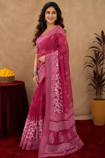 rani pink lilen print work 1 minute ready to wear saree with unstitched blouse piece